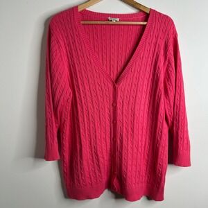 Talbots Womens Cable Knit V Neck Cardigan Sweater 2X Hot Pink Old Money Preppy